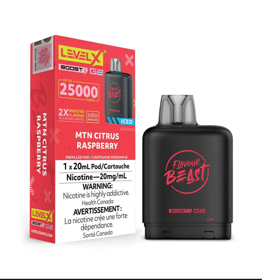 Flavour Beast Level X Boost G2 Mtn Citrus Raspberry Iced 25k Puffs Pod (Provincial)