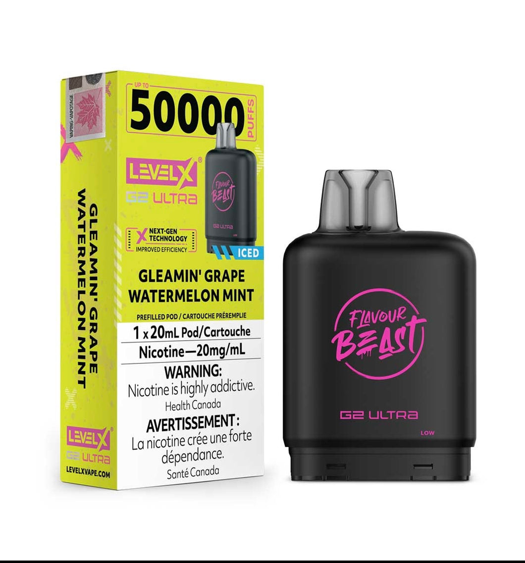 Flavour Beast Level X G2 Ultra Gleamin’ Grape Watermelon Mint Iced 50k Puffs Pod (Provincial)
