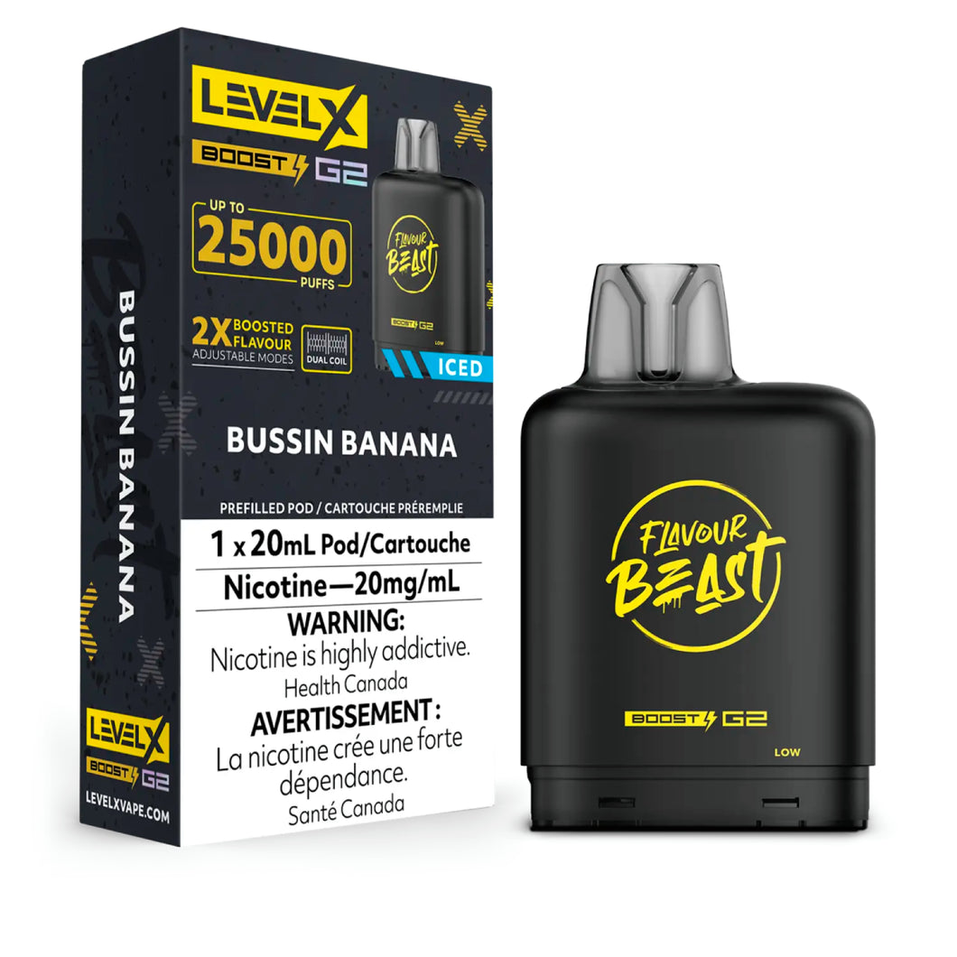 Flavour Beast Level X G2 Boost Bussin’ Banana Iced 25k Puffs Pod provincial